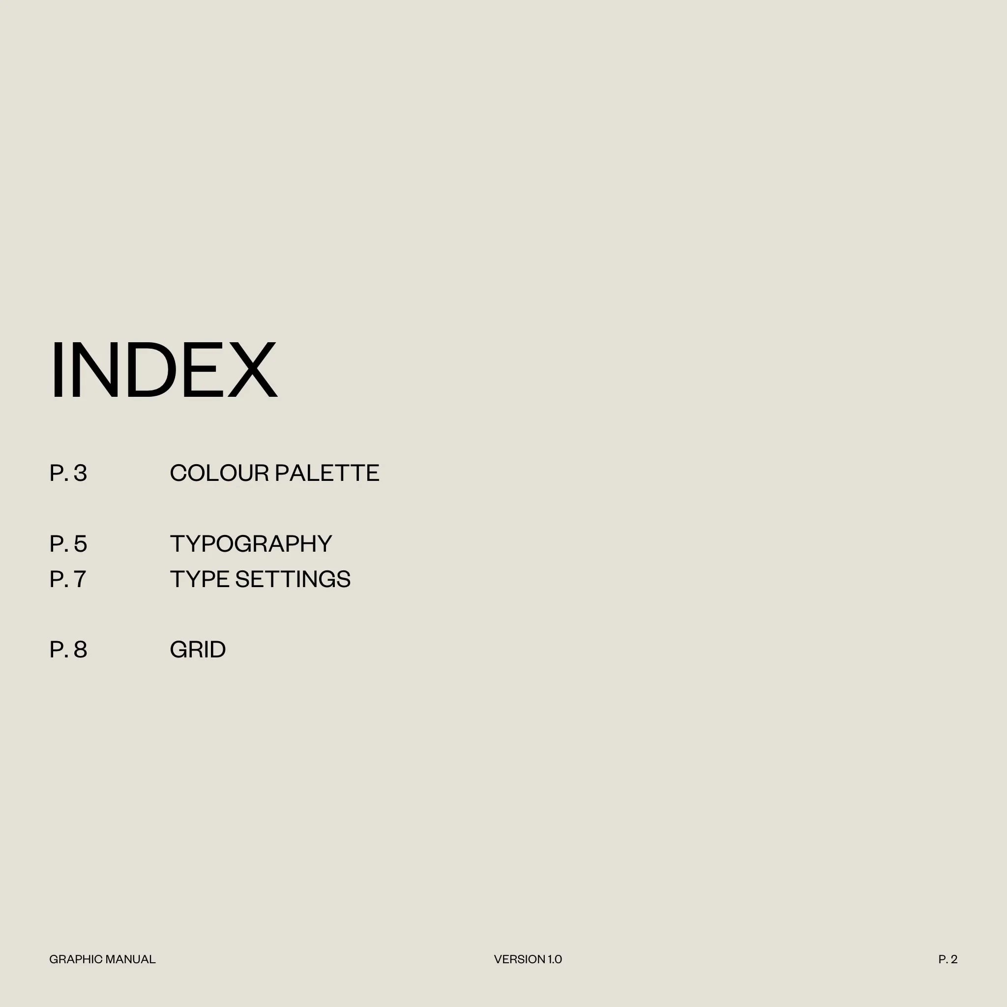 Contents page listing four sections: Colour palette, Typography, Type settings and Grid