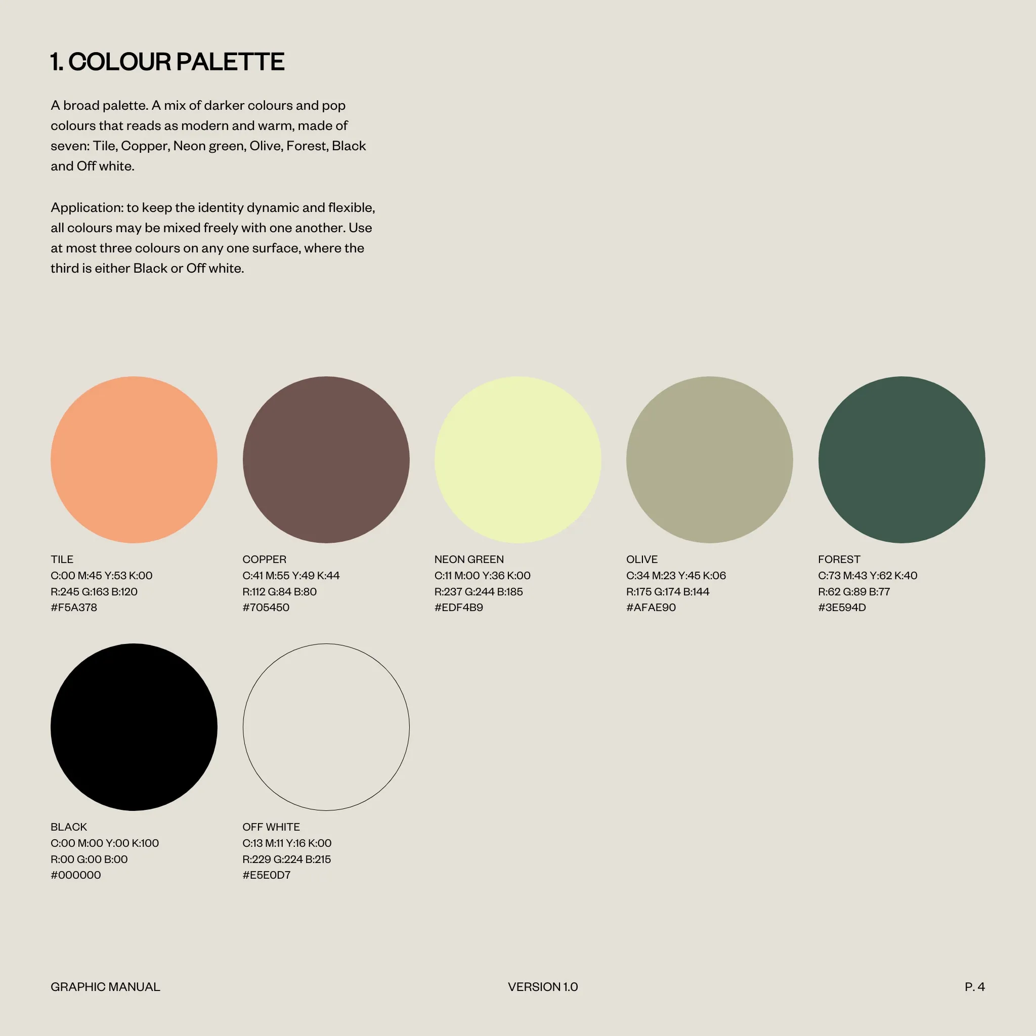 Seven colour discs with their CMYK, RGB and hex values: Tile, Copper, Neon green, Olive, Forest, Black and Off white