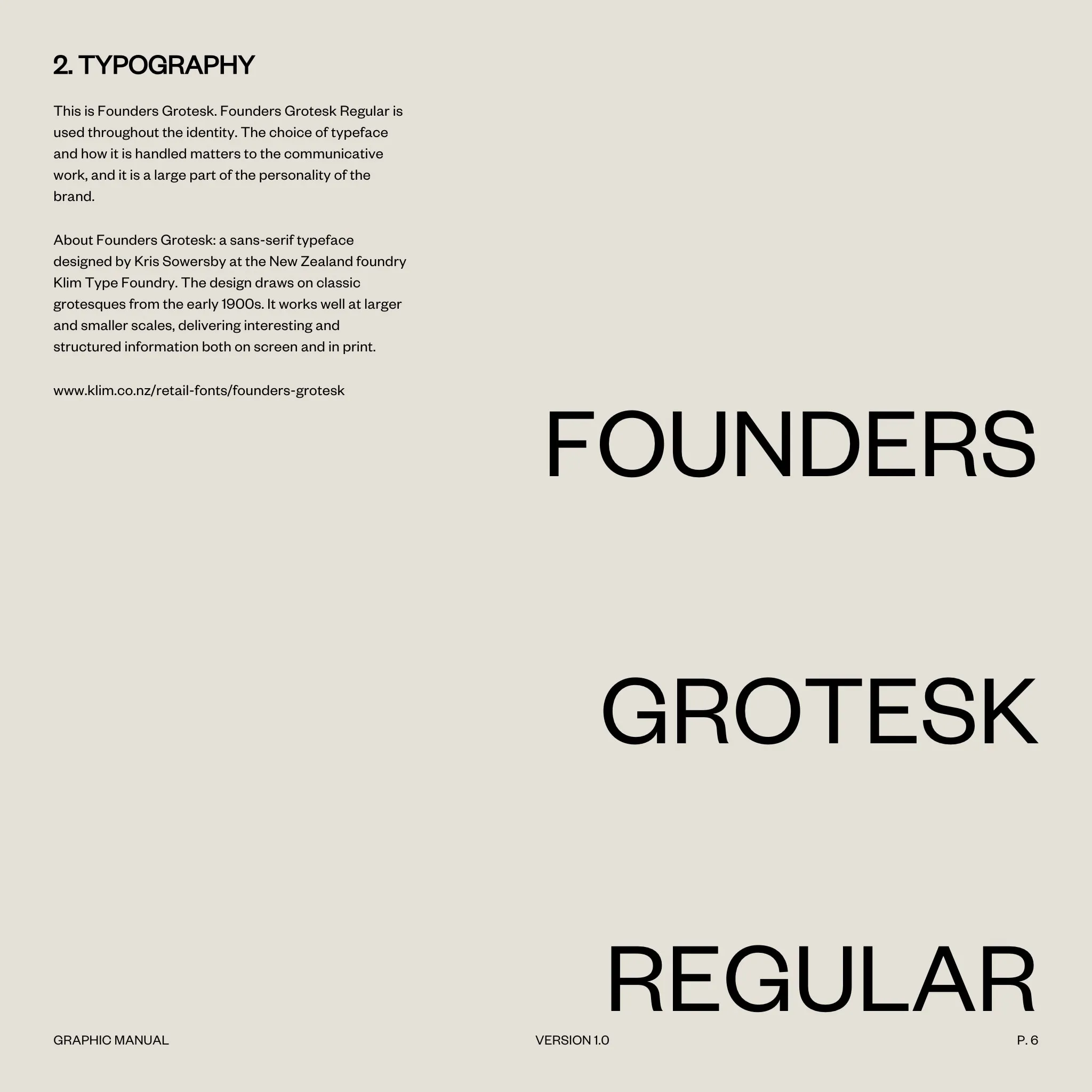 Typeface page with Founders, Grotesk and Regular set large down the right edge