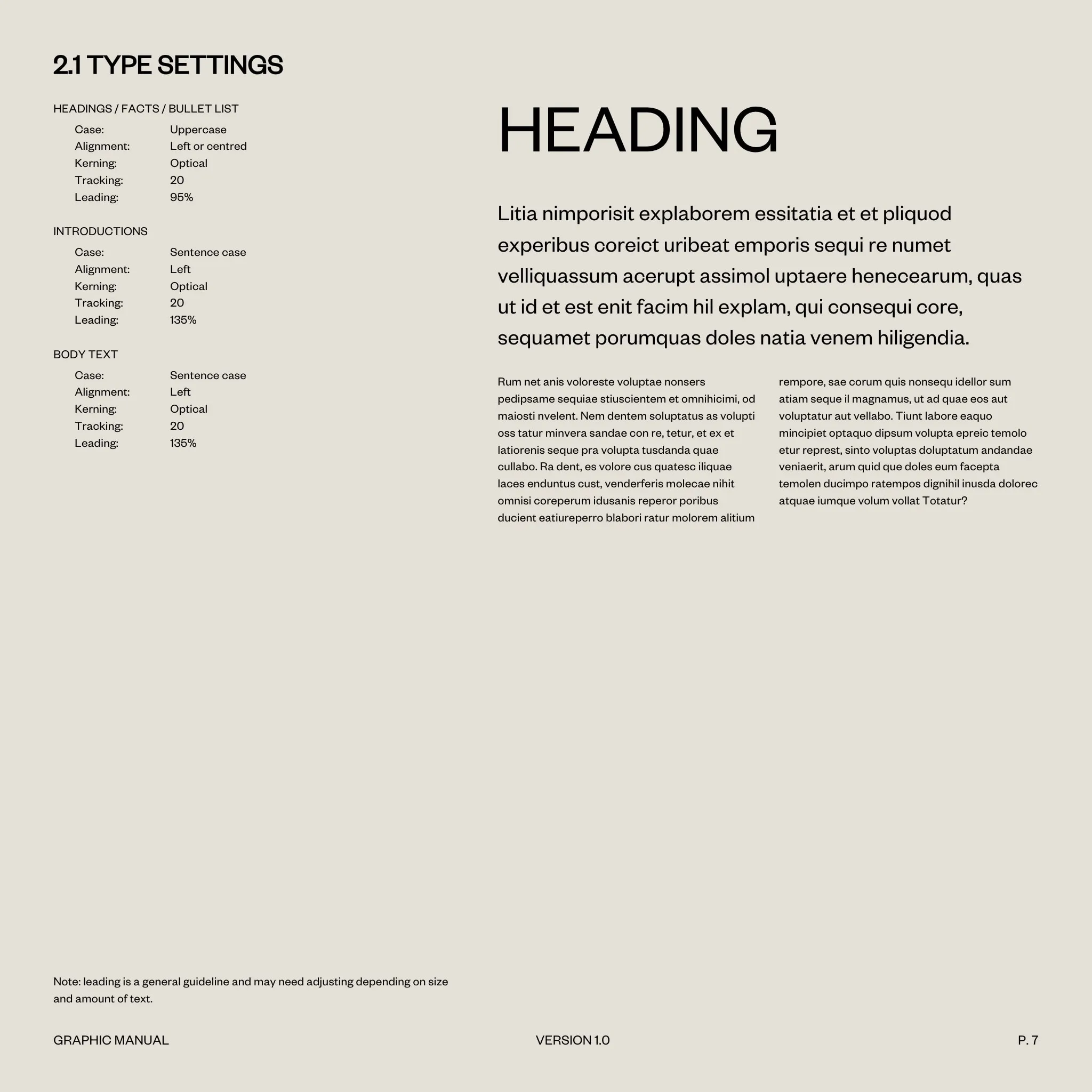 Type specification for headings, introductions and body text, beside a specimen of each
